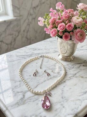 Pink Crystal & Pearl "Hope" Awareness Jewelry Set